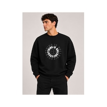 Herkesemoda Everything Baskılı Bisiklet Yaka Şardonlu 2 İplik Sweatshirt Siyah