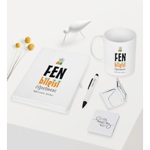 Kişiye Özel Fen Bilgisi Öğretmeni Temalı Beyaz Defter Kalem Kupa Beyaz