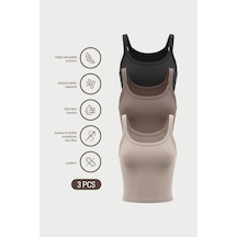 Auw Kadın İnce Askılı Pamuklu Modal Crop 3'lü - Softfit Taş, Vizon, Siyah