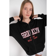 Tarzsokak Kadın Siyah Brooklyn Baskılı Oversize Hırka Brooklynhırka