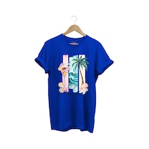 Summer Vibes Yaz Temalı Kokteyl, Palmiye Ve Deniz Desenli %100 Pamuk Regular Fit T-shirt Mavi