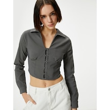 Koton Gömlek Yaka Crop Bluz Slim Fit Uzun Kollu Korse Görünümlü Antrasit 4sal60148ıw 4SAL60148IW924 Antrasit