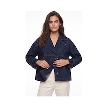 Onloox Kadın Lacivert Lacivert Pamuklu Geniş Yaka Uzun Kollu Ayarlanabilir Manşetli Düğme Detaylı Denim Ceket