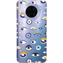 Huawei Mate 30 İle Uyumlu 1mm Slim Fit Nazar Boncuğu 2 Baskılı Şeffaf Kılıf Şeffaf