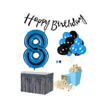 8 Yaş Mavi-siyah Balon Rakam Folyo Banner Mısır Kutusu Masa Eteği