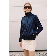 Sateen Saten Kumaş Dik Yaka Bomber Ceket Lacivert
