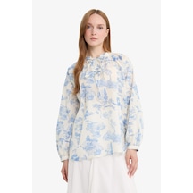 Defacto Relax Fit Çiçek Desenli Vual Uzun Kollu Gömlek Tunik F4558ax25hsbe751 Mavi