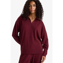 Defacto Relax Fit Polo Yaka Fitilli Kaşkorse Uzun Kollu Tişört F1007ax25aubr115 Bordo