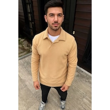 Erkek Fitilli Polar Sweatshirt Düğmesiz Polo Yaka, Oversize Rahat Kalıp, Kalın Polar Kumaş, Kışlık Bej