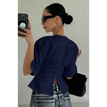 Kadın Lacivert Kısa Kollu Sırt Dekolteli Slim Fit Bluz/t-shirt Lacivert