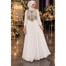Gül&can Butik İşlemeli Tesettür Nişan Elbisesi Zarif & Şık Tasarım Beyaz