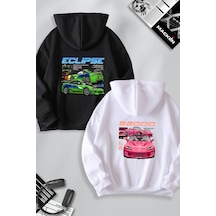 Macklin Sevgili Çift Kombin Hızlı Ve Öfkeli Eclipse Ve S2000 Sırt Baskılı Kapüşonlu Sweatshirt 2li Set Takım Siyah Beyaz Mck1238 Çok Renkli