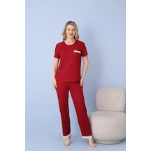 Pijamoni Kadın Dublin Kumaş Bisiklet Yaka Kısa Kollu Pijama Takımı Bordo