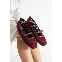 Dabab Shoes Merına Kadın Bordo Düz Babet Dantel Dokuma Çiçek Desenli Tokalı Düz Ayakkabı