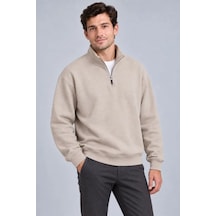 Erkek Üç İplik İçi Şardonlu Dik Yaka Yarım Fermuarlı Kışlık Sweatshirt - Bej