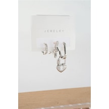 By Zeyna Aksesuar Kadın Vip Seri Antialerjik Baget Zirkon Taşlı 3'lü Küpe-5184 Gümüş