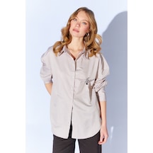 Manche İnce Çizgili Pamuk Saten Oversize Rahat Kalıp Kadın Basic Gömlek Bej Mks167432-01