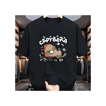 Caddemia Yaz  Moda Rahat Gevşek Spor Karikatür Desen Baskılı Yuvarlak Boyun Kısa Siyah 2XL