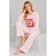 Pijamask Kadın Pembe Çilek Reçeli Baskılı Çizgili Bol Paça Pamuklu Pijama Takımı Pudra