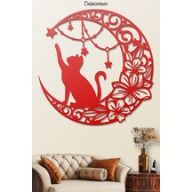 Floral Hilal Ve Kedi Silüeti Dekoratif Metal Tablo - Metal Duvar Sanatı - Kırmızı - 30 X 30 Cm