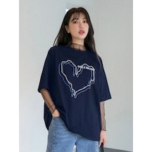 Flood Of Style Kadın Çizgili Figür Kalp Lacivert T-shirt Have A Baskılı