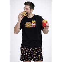 Erkek Pamuklu Baskılı Cepli Şortlu Pijama Takımı Ke77631 Siyah - Kırmızı