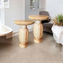 Wood Wooden Ahşap 2 Li Set Fitilli Mantar Yan Sehpa Modern Fiskos