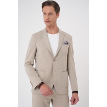 Efor Comfort Fit Mono Yaka Çift Yırtmaç Torba Cep Kendinden Desenli Casual Bej Ceket C 706 Bej