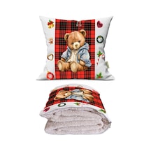 Yılbaşı Özel Seri Sevimli Ayıcık Teddy Bear Baskılı Dekoratif Yastık Kırlent Opsiyonel Battaniye 2 İn 1 Çok Renkli