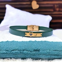 Archin S Harfine Özel Kalp Figürlü 14 Ayar Altın Plakalı Hakiki Yeşil Derili Hediye Bileklik-573harf S