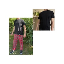 Regular Fit Alt Ekose Pamuklu Örme Bisiklet Yaka Erkek Pijama Takımı
