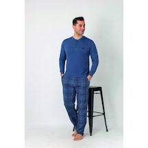Estiva Erkek Kareli Alt Desenli Petrol Uzun Kollu Patlı Penye Pijama Takımı Çok renkli