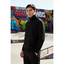 Benerly Erkek Dik Yaka Standart Kol Sweatshirt Pamuk Polyester siyah