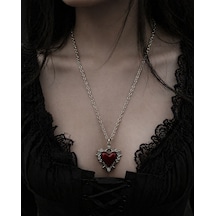 Gotik Kırmızı Kalp Kolye Gümüş Renk Zincir Unisex Vintage Tasarım Çok renkli