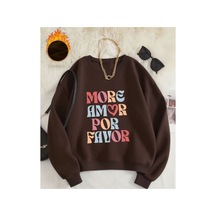 Herkesemoda More Amor Baskı Desen Detaylı Bisiklet Yaka Sweatshirt Kahverengi