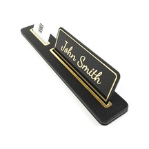 Turgut Office Deri Masa İsimliği Siyah Uzun Gold Detaylı - İsimlik ve Kartvizitlik