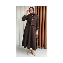 Hatun Kahverengi Gold Düğmeli Crop Ceket Ve Jile Kot Takım Bordo Bordo