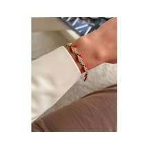 Kırmızı Mineli Uğur Böceği Figürlü Taşlı Gold Renk Bileklik Kırmızı Kırmızı