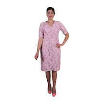 Nidya Moda Büyük Beden Kadın Pembe Dantel Elbise-4161P Pembe