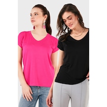 Lela V Yaka Relaxed Fit Yırtmaç Detaylı 2'Li Paket Bayan Bluz 5862000S2 Siyah-Fuşya