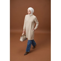 Armine Trend Yarım Fermuarlı Dik Yaka Uzun Kollu Rahat Kesim Basic Uzun Tunik 107 Cm Boy Bej 26kt456