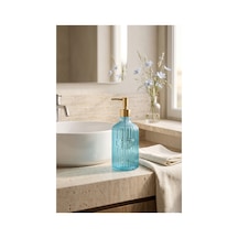 Glassy Dekoratif Cam Sabunluk Gold Pompalı Vintage Çizgili Sıvı Sabun Ve Deterjan Dispenseri - 21.5 Cm X 8 Cm - Turkuaz