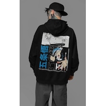 Sevbano Anime Tasarım Baskılı Unisex Oversize Gojo Satoru Karakter Hoodie Siyah