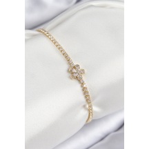 Pirinç Zirkon Taşlı Çiçek Model Gold Renk Kadın Bileklik Altın