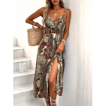Veraura Lifestyle Kadın Ip Askılı Kruvaze Yakalı Beli Lastikli Önden Yırtmaçlı Desenli Süprem Midi Elbise