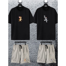 Unisex Kadın Erkek Sevimli Tom Ve Jerry Baskılı Sevgili Çift Kombini Tasarım Oversize Tshirt Ve Şort Siyah-gri Mck2457 Siyah-Gri