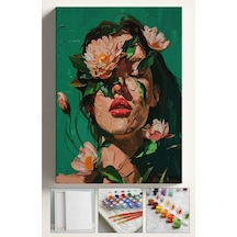 Sayılarla Boyama Seti Numaralı Tuval Fırça Boya Dahil Kasnaklı Set 40x50 Cm - Yeşil Çiçek Kadın
