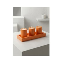 Premium - Canlı Turuncu Renk - Dörtlü Mumluk Seti - Ebatlar: Tepsi 25x10cm / Mumluklar 8x5cm