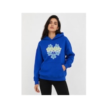 Herkesemoda Kalp Çiçek Baskılı Kapüşonlu 2 İplik Şardonlu Sweatshirt Mavi