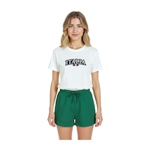 Kadın Beyaz Relaxed Fit %100 Pamuk Tişört Italıa Tipografi & Mi Beyaz